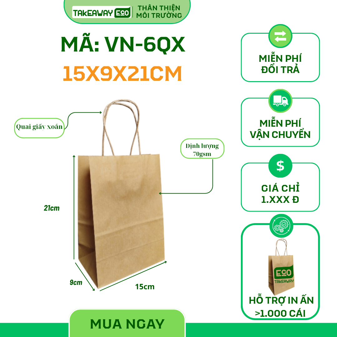 Túi Giấy Quai Xách 15x9x21cm – In Logo Theo Yêu Cầu, Giá Tốt Tại Xưởng